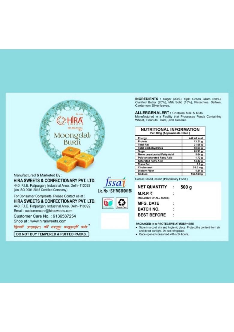 HIRA SWEETS Moong Dal Burfi (500g) | Fresh Indian Traditional Mithai Made With Pure Desi Ghee Finest Sweet Gift Pack