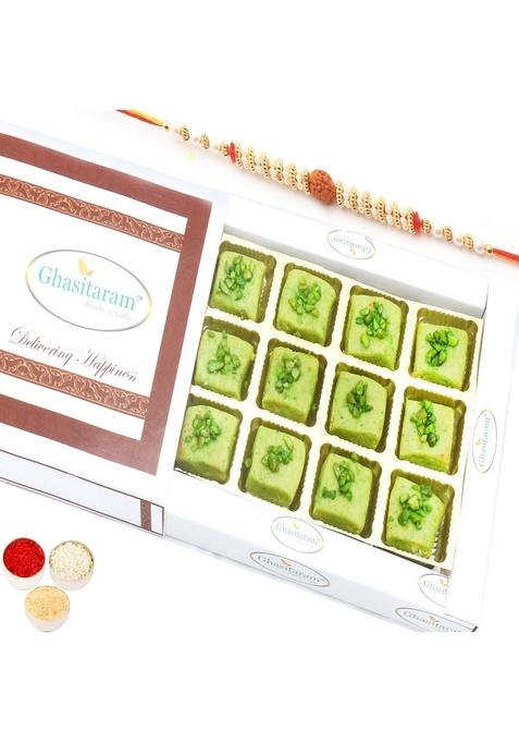 Ghasitaram Gifts Rakhi for Brother Sweets- Ghasitaram's Pista Sugarfree Mawa Barfi in White Box with Rudraksh