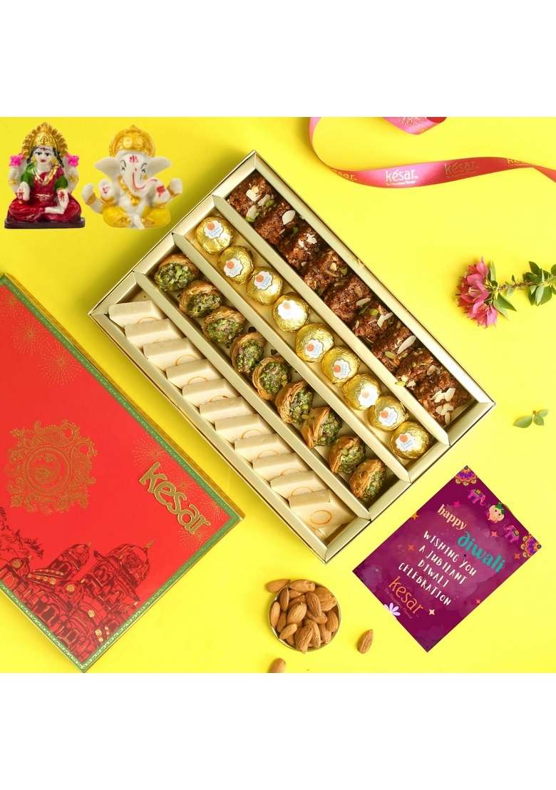 Dessert Drama Diwali Special Healthy and Delicious Badam Katli, Baklava Pistachio Tart, Chana Laddoo, Dodha Barfi Sweet Box with Ganesh ji Laxmi murti - Indya