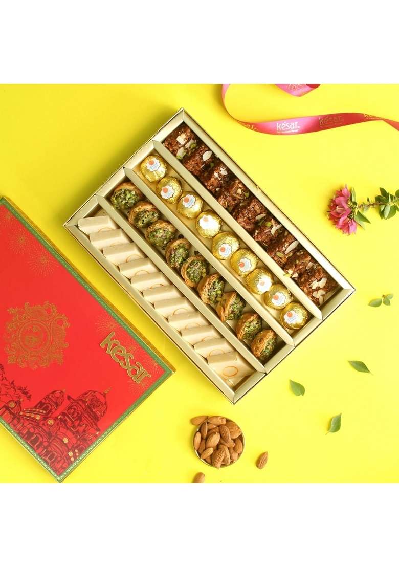 Dessert Drama Diwali Special Healthy and Delicious Badam Katli, Baklava Pistachio Tart, Chana Laddoo, Dodha Barfi Sweet Box with Ganesh ji Laxmi murti - Indya