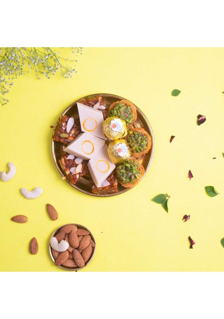 Dessert Drama Diwali Special Healthy and Delicious Badam Katli, Baklava Pistachio Tart, Chana Laddoo, Dodha Barfi Sweet Box with Ganesh ji Laxmi murti - Indya