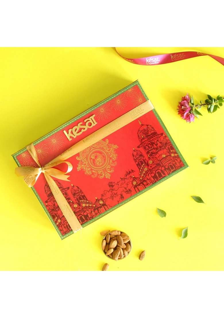 Dessert Drama Diwali Special Healthy and Delicious Badam Katli, Baklava Pistachio Tart, Chana Laddoo, Dodha Barfi Sweet Box with Ganesh ji Laxmi murti - Indya