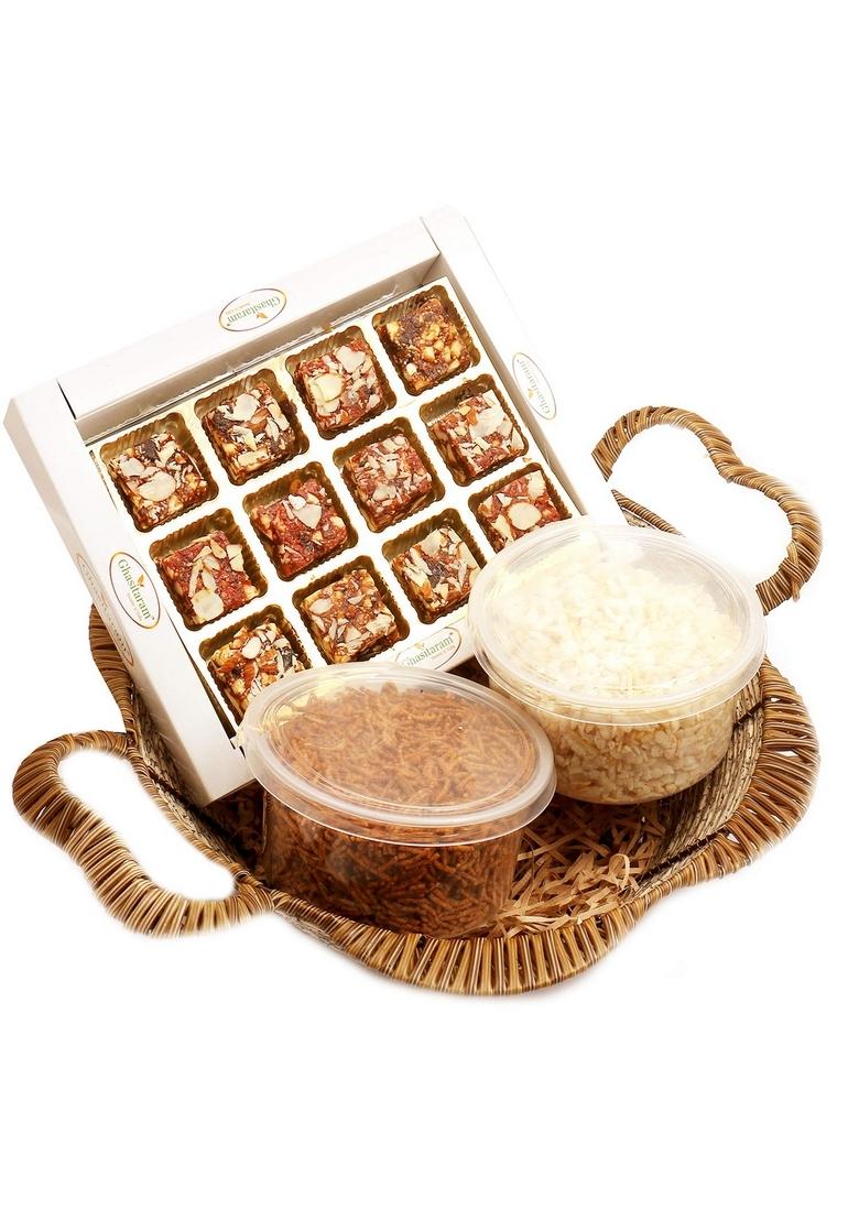 Ghasitaram Gifts Diwali Gold Cane Finish Basket of Sugarfree Bites Box,Diet Chiwda and SOYA Sev|Sugar Free Sweets|Diabetic Friendly|Diwali Sugar Sweets Box