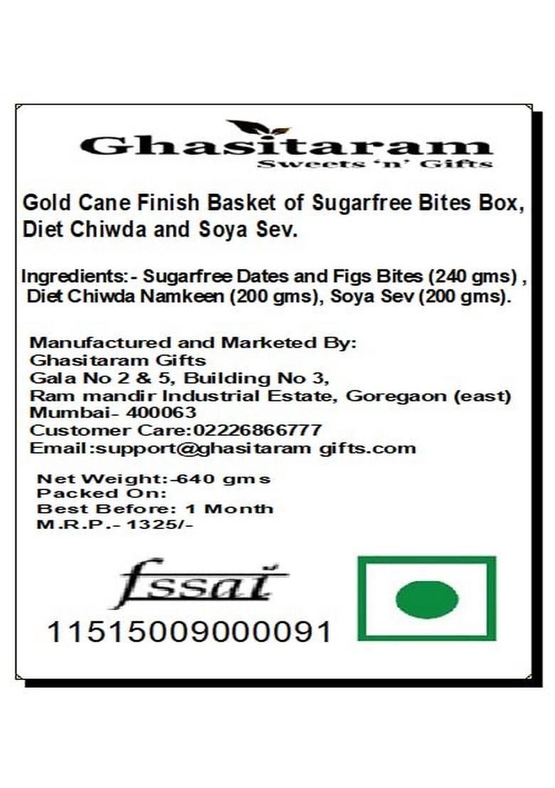 Ghasitaram Gifts Diwali Gold Cane Finish Basket of Sugarfree Bites Box,Diet Chiwda and SOYA Sev|Sugar Free Sweets|Diabetic Friendly|Diwali Sugar Sweets Box