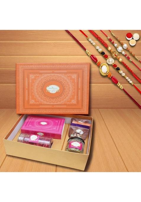 Ghasitaram Gifts Rakhi for Brother - Orange Hamper Box of Milk Cake, Namkeen and Dryfruit- Ohb-4 with 5