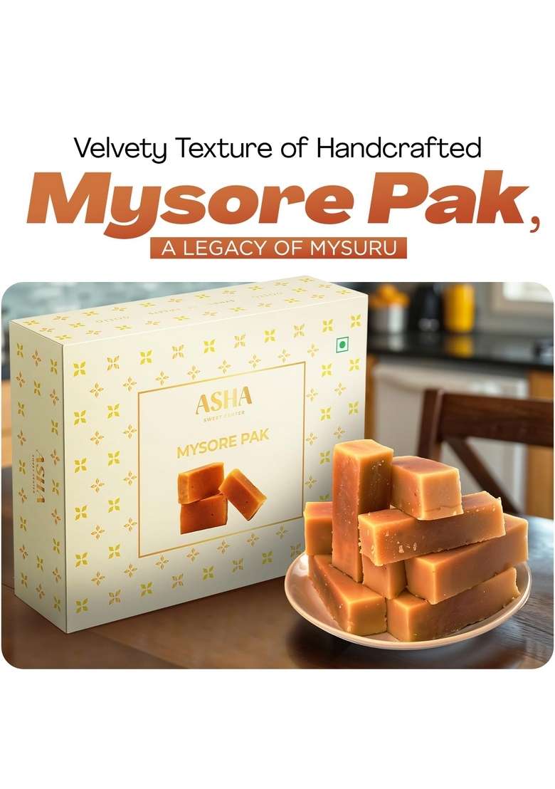 ASHA SWEET CENTER SWEETS Handcrafted Mysore Pak (500g) | Made with Pure Desi Ghee Melts in Mouth Special Indian Mithai Delicious & Healthy Exclusive Gift Box Traditional Taste of Mysuru MYSORE_PAK_500_FBA - Indya