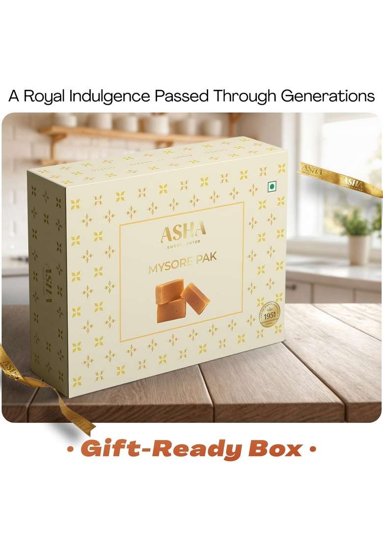 ASHA SWEET CENTER SWEETS Handcrafted Mysore Pak (500g) | Made with Pure Desi Ghee Melts in Mouth Special Indian Mithai Delicious & Healthy Exclusive Gift Box Traditional Taste of Mysuru MYSORE_PAK_500_FBA - Indya