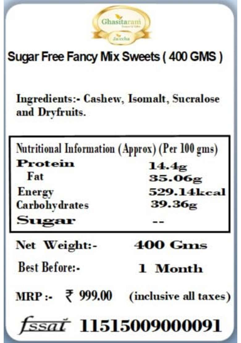Ghasitaram Gifts Sugar Free Fancy Mix Sweets ( 400 GMS ) |Sweets|Sweets Gift Pack|Diwali Sweets|Indian Mithai|Diwali Box|Sweets Box - Indya