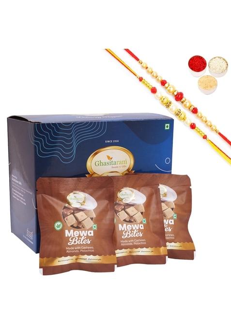 Ghasitaram Gifts Rakhi Gifts/Rakhi Sweets - Blue box small with Mewa Bites, and Sugarfree Bites Pouches (15 pcs) 2 rakhis