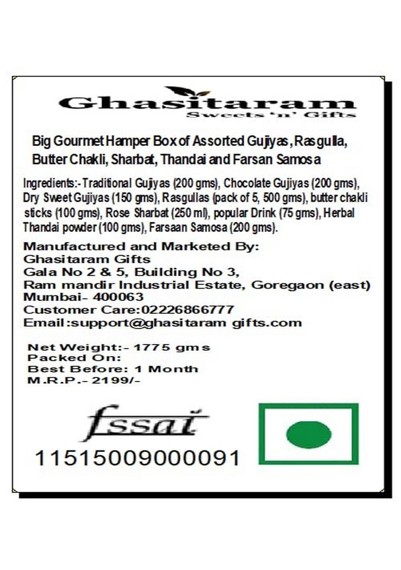 Ghasitaram Gifts Jaiccha Holi Sweets/Holi Hampers/Thandai Big Gourmet Hamper Box of Assorted DesiGheeGujiyas,Rasgulla,Chakli,Sharbat,Thandai,Samosa|Gift Hamper|Diwali Gift Hamper|Gourmet Hampers|
