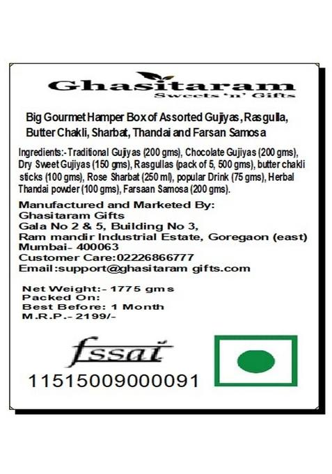 Ghasitaram Gifts Jaiccha Holi Sweets/Holi Hampers/Thandai Big Gourmet Hamper Box of Assorted DesiGheeGujiyas,Rasgulla,Chakli,Sharbat,Thandai,Samosa|Gift Hamper|Diwali Gift Hamper|Gourmet Hampers|