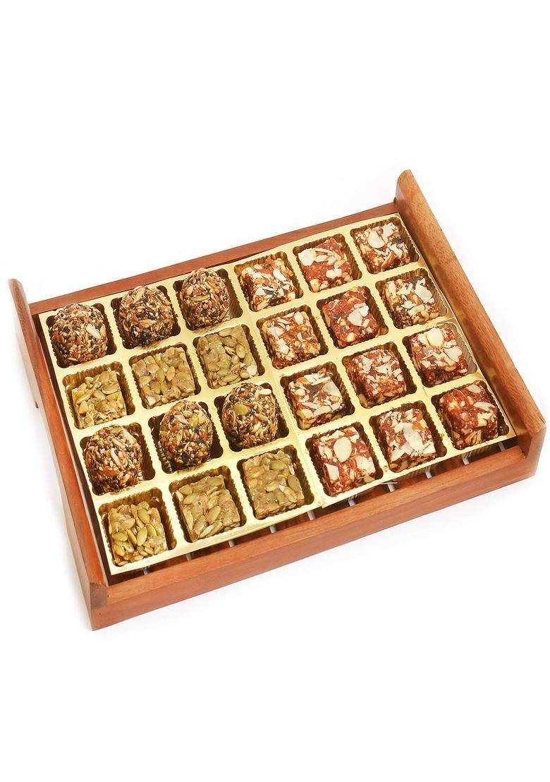 Ghasitaram Gifts Wooden Sugarfree Sweets and Healthy Seeds Bites Serving Tray|Sugar Free Sweets|Diabetic Friendly|Diwali Sugar Box
