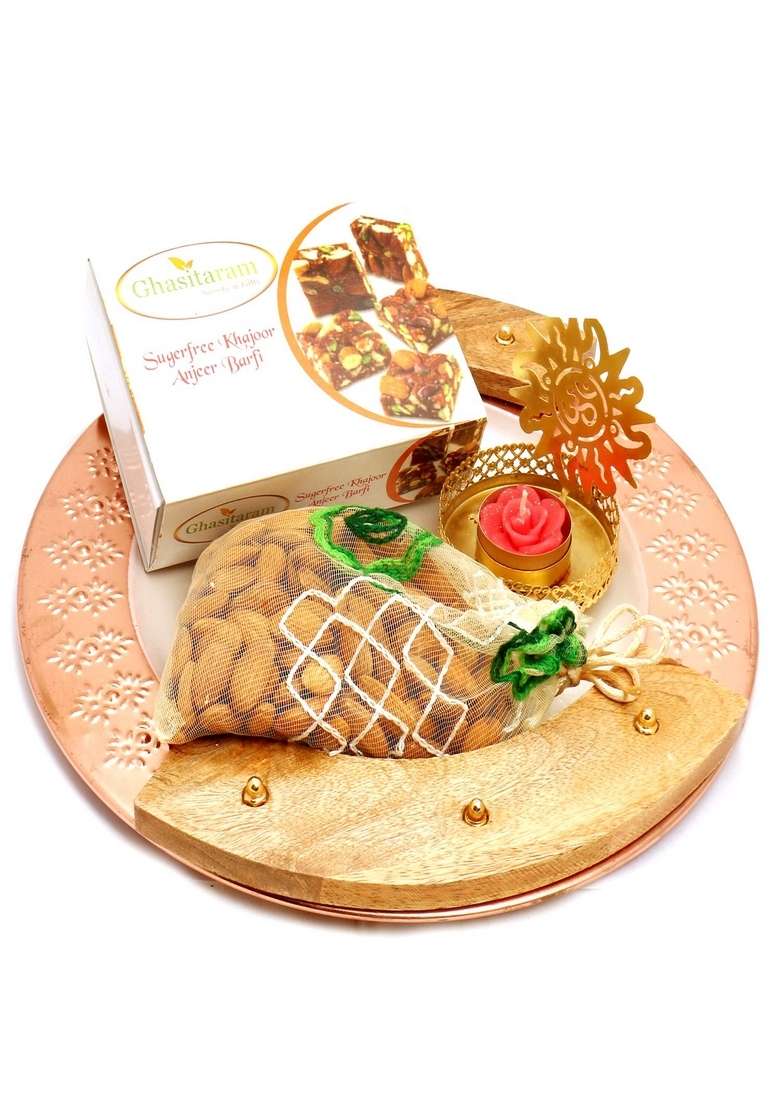 Ghasitaram Gifts Wooden Copper Platter with Sugarfree Mix,Almonds Pouch and Om T- Lite|Sugar Free Sweets|Diabetic Friendly|Diwali Sugar Sweets Box - Indya