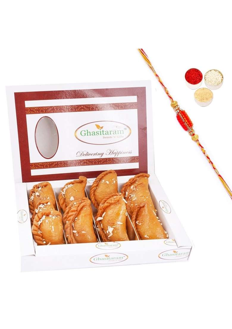 Ghasitaram Gifts Holi- Sweets/ Holi Hampers/ Sugar-Free Healthy Wheat Desi Ghee Gujiya Sweets Box (400 g) with Rakhi - Indya