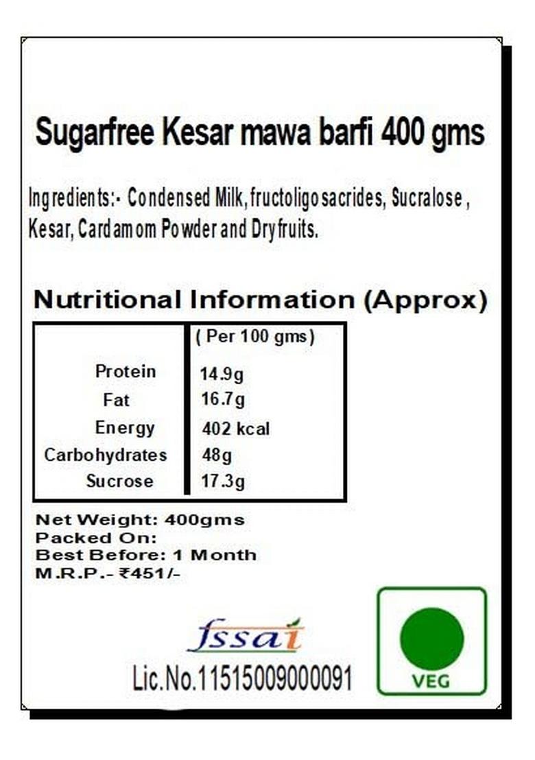 Ghasitaram Gifts Sugar Free Kesar mawa barfi 400 GMS |Sweet|Sweet Gift Pack|Diwali Mithai|Indian Mithai|Diwali Box|Sugarfree Sweets