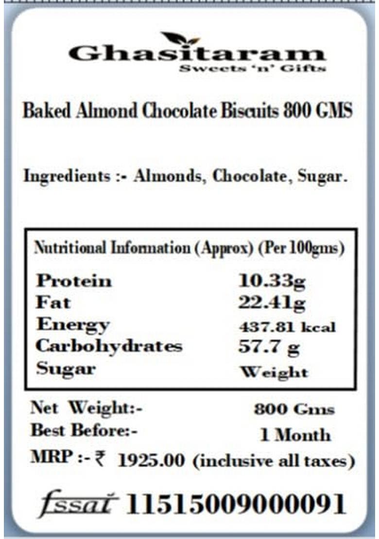 Ghasitaram Gifts Sweets -Baked Almond Chocolate Biscuits 800 GMS|Sweets|Sweets Gift Pack|Diwali Sweets|Indian Mithai|Diwali Box|Sweets Box