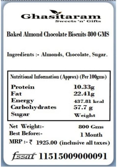 Ghasitaram Gifts Sweets -Baked Almond Chocolate Biscuits 800 GMS|Sweets|Sweets Gift Pack|Diwali Sweets|Indian Mithai|Diwali Box|Sweets Box