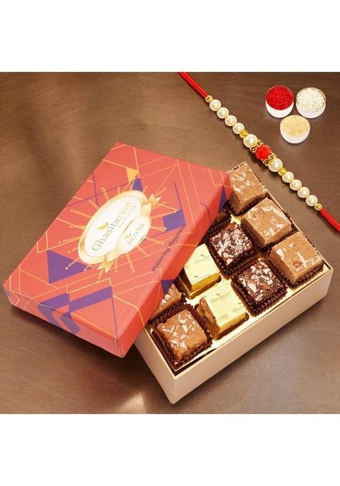 Ghasitaram Gifts Rakhi Gifts/ Sweets - Special Barfis Box 12 pcs in a Premium with Pearl Beads