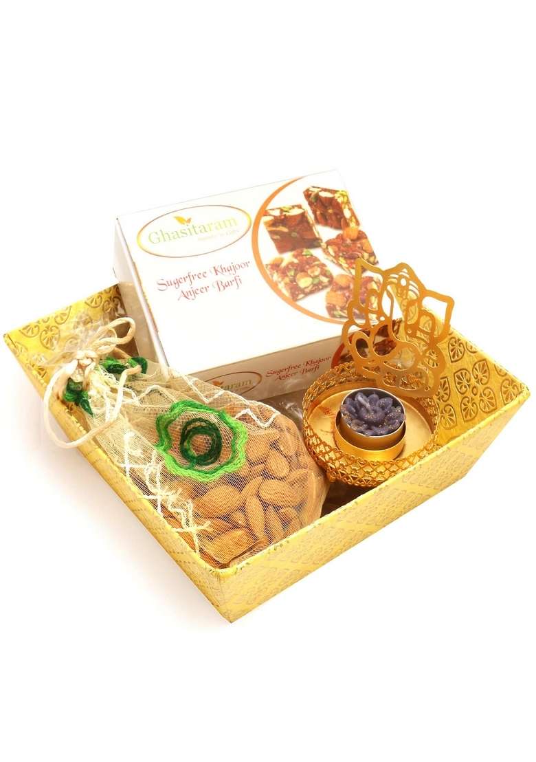 Ghasitaram Gifts Diwali - Yellow Basket with Sugarfree Mix, Almonds Pouch Ganesha T- Lite|Sugar Free Sweets|Diabetic Friendly|Diwali Sugar Sweets Box - Indya
