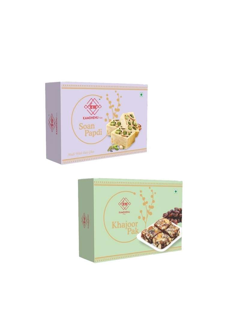 Kamdhenu Mishti Combo of Soan Papdi 400g & Khajoor Pak | Premium Gift Pack Indian Sweets Box Made with Best Ingredients Pure Desi Ghee No Preservatives or Additives Healthy - Indya