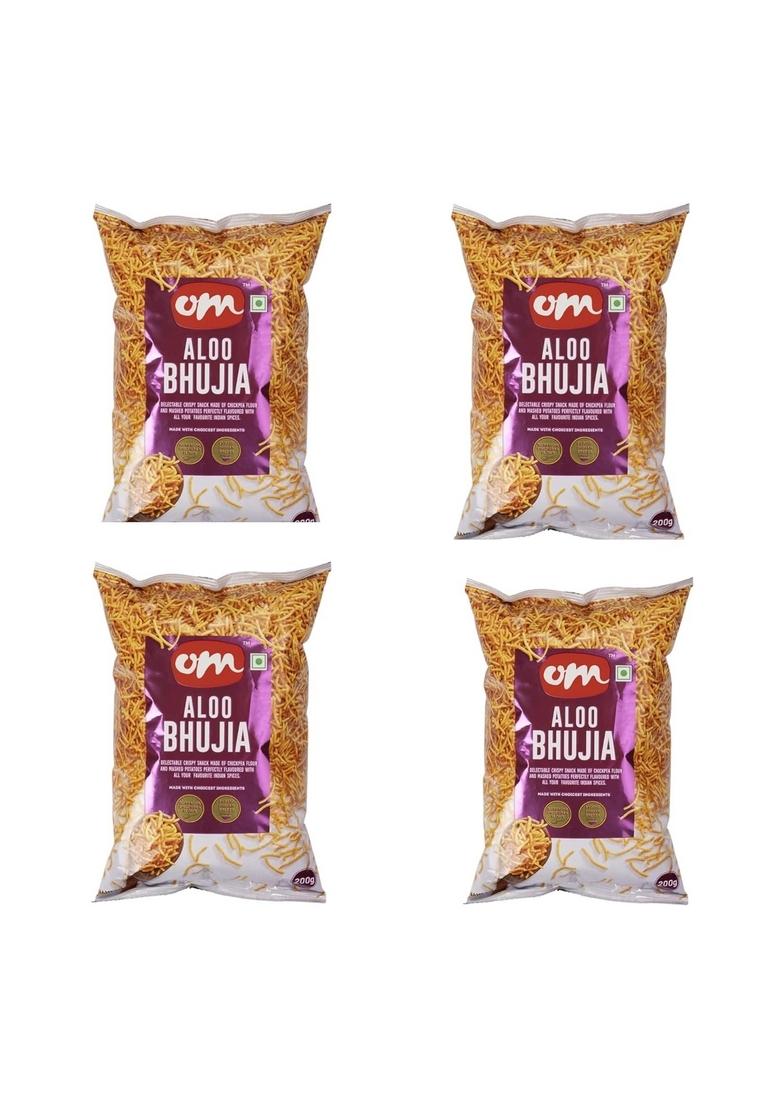 OM SWEETS & SNACKS namkeen healthy Indian Crispy Fresh Snack | No added colours or preservatives Products Ready to eat Finest Tea time 200g X 4 (Aloo Bhujia)