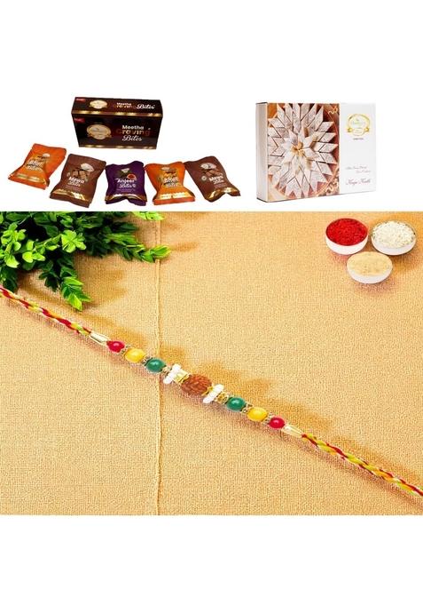 Ghasitaram Gifts Rakhi for Brother Rakhis Online - Y-124 Rudraksh with Asorted bites box and 200 gms of Kaju katli