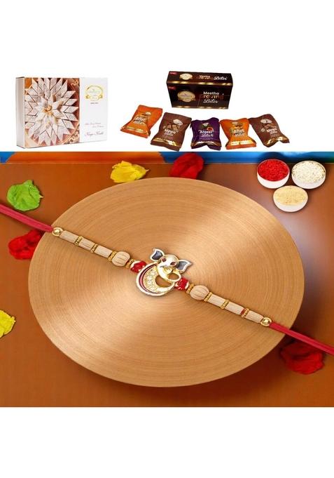 Ghasitaram Gifts Rakhis for Brother Online - A-2 Ganesha Divine Rakhi with Asorted bites box and 200 gms of Kaju katli