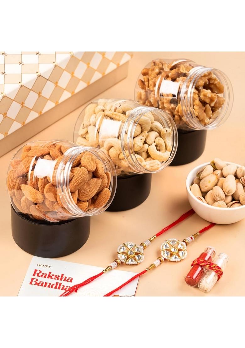 THE BAKLAVA BOX Assorted Dry Fruits with 2 Sets of Rakhi and Greeting Card in Festive Gift 400 Gms