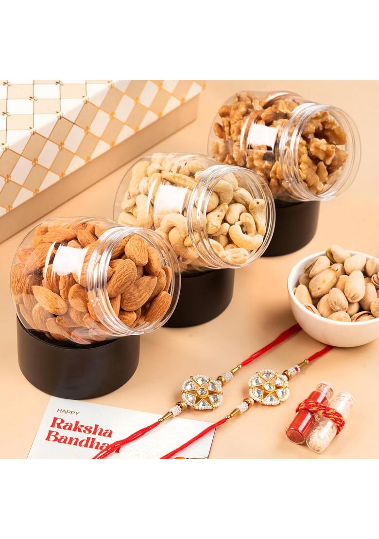 THE BAKLAVA BOX Assorted Dry Fruits with 2 Sets of Rakhi and Greeting Card in Festive Gift 400 Gms