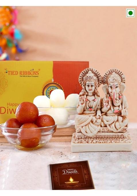 TIED RIBBONS Diwali Gift Items for Family Friends Employees Staff Corporate Client with Sweets - Rasgulla and Gulab Jamun Combo Box Laxmi Ganesh Idol Statue Greeting Card