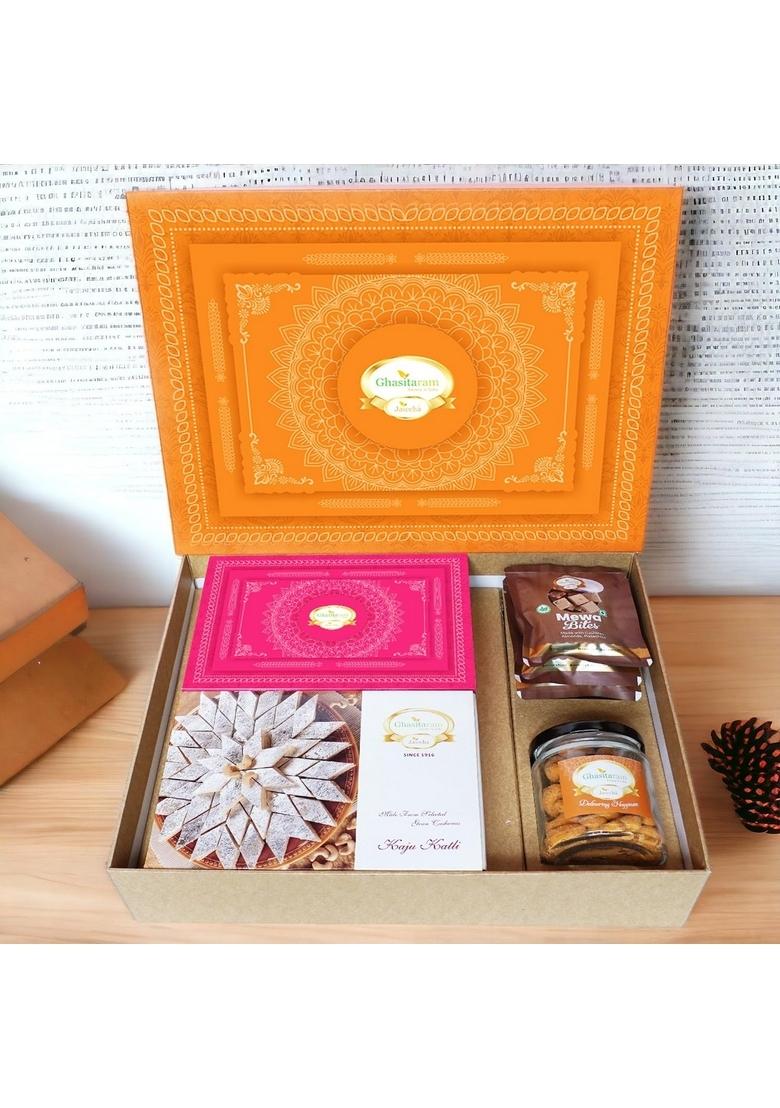 Ghasitaram Gifts Orange Hamper Box with Kaju Katli, Milk Cake,MEWA Bites and Crunchy Cashews|Gift Hamper|Diwali Gift Hamper|Food Hampers|Gourmet Hampers|