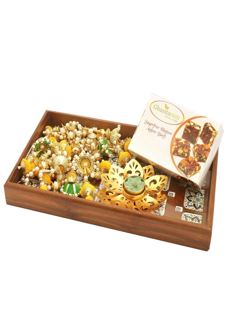 Ghasitaram Gifts Diwali Big Wooden Printed Tray with Sugarfree Mix, T-Lite and Toran|Sugar Free Sweets|Diabetic Friendly|Diwali Sugar Sweets Box - Indya