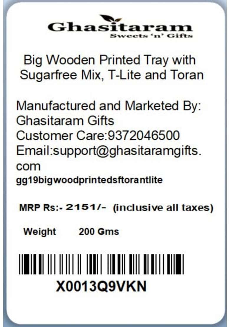 Ghasitaram Gifts Diwali Big Wooden Printed Tray with Sugarfree Mix, T-Lite and Toran|Sugar Free Sweets|Diabetic Friendly|Diwali Sugar Sweets Box - Indya