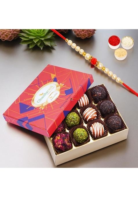 Ghasitaram Gifts Rakhi Gifts/ Sweets - Assorted Fancy Dryfruit Laddoos 12 pcs in Premium Box with Pearl Beads