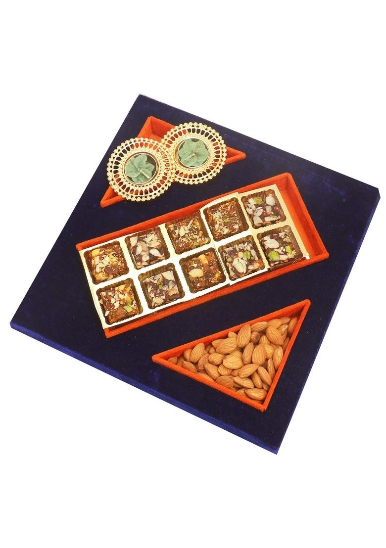 Ghasitaram Gifts Blue Velvet Tray of Sugarfree Bites, Almonds and 2 T-Lites|Sugar Free Sweets|Diabetic Friendly|Diwali Sugar Sweets Box