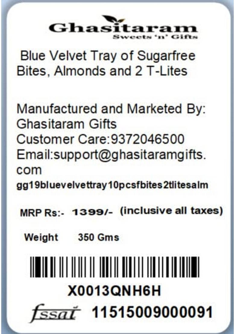 Ghasitaram Gifts Blue Velvet Tray of Sugarfree Bites, Almonds and 2 T-Lites|Sugar Free Sweets|Diabetic Friendly|Diwali Sugar Sweets Box