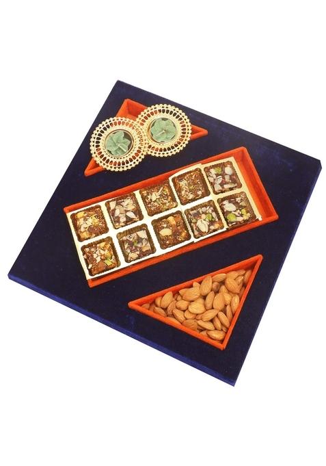 Ghasitaram Gifts Blue Velvet Tray of Sugarfree Bites, Almonds and 2 T-Lites|Sugar Free Sweets|Diabetic Friendly|Diwali Sugar Sweets Box