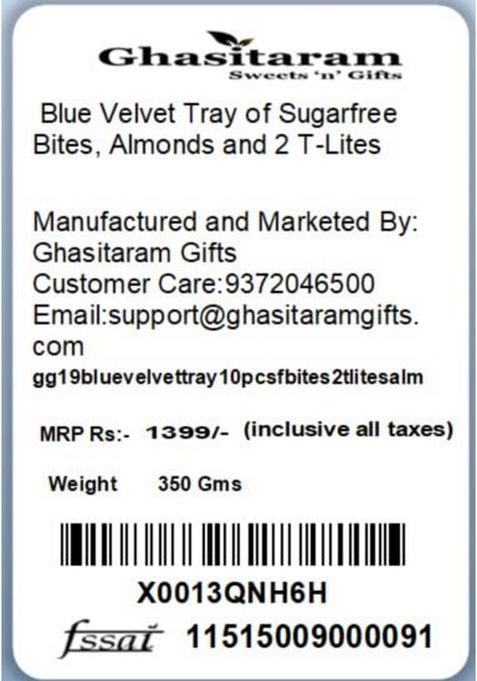 Ghasitaram Gifts Blue Velvet Tray of Sugarfree Bites, Almonds and 2 T-Lites|Sugar Free Sweets|Diabetic Friendly|Diwali Sugar Sweets Box