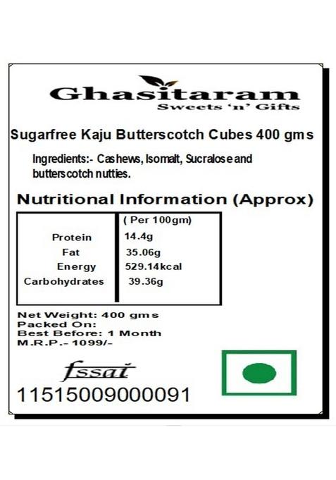 Ghasitaram Gifts Sweets Sugarfree Kaju Butterscotch Cubes 400 GMS|Sugar Free Sweets|Diabetic Friendly|Diwali Sugar Box