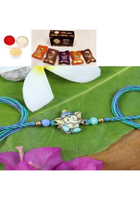 Ghasitaram Gifts Rakhis for Brother Online - ST24-130- Printed Stone Ganpati Divine Rakhi with Asorted bites box