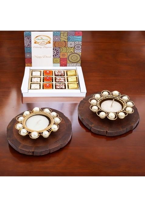 Ghasitaram Gifts Diwali - 4 Coasters and T-Lites with Happy Assorted Bites Box 12 Pcs|Sweets|Sweets Gift Pack|Diwali Sweets|Indian Mithai|Diwali Sweets