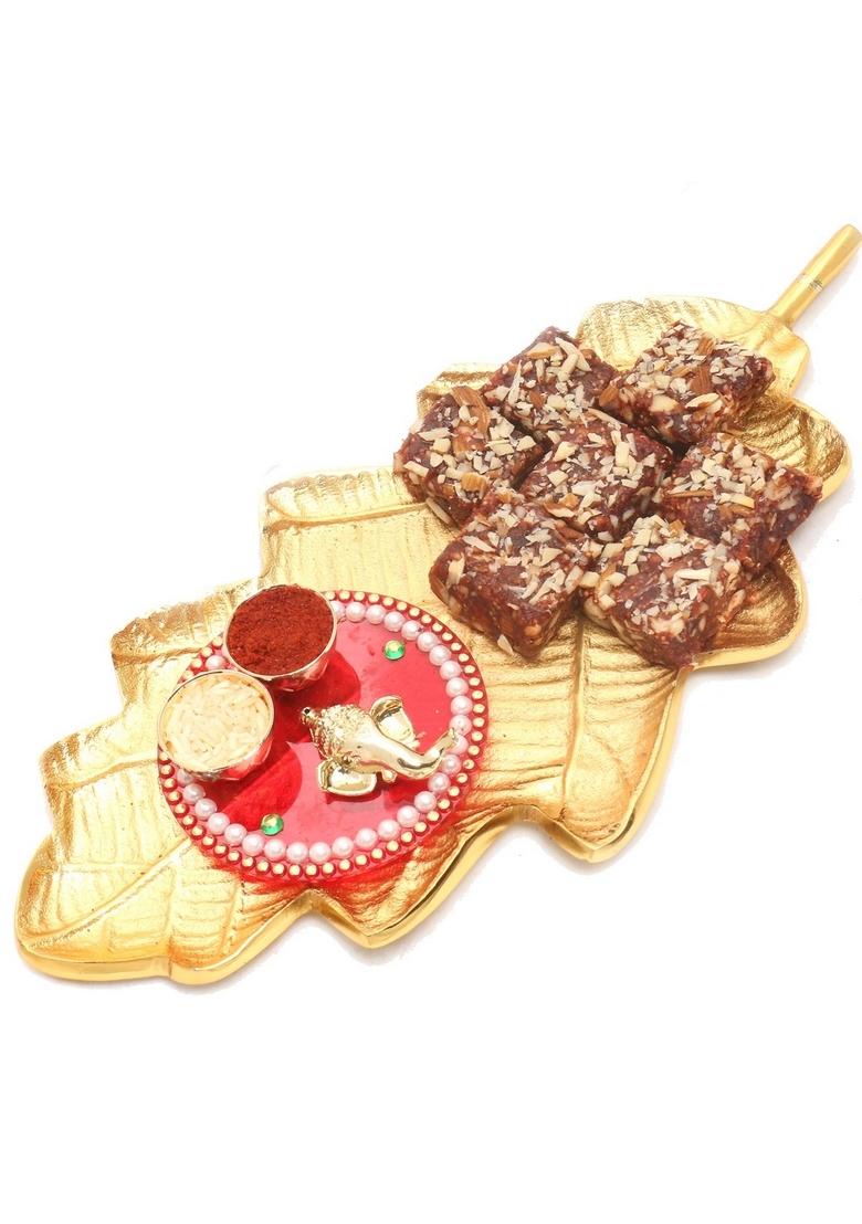 Ghasitaram Gifts Gold Leaf Sugarfree Dates and Figs Bites with Mini Pooja Thali Hamper|Sugar Free Sweets|Diabetic Friendly|Diwali Sugar Sweets Box