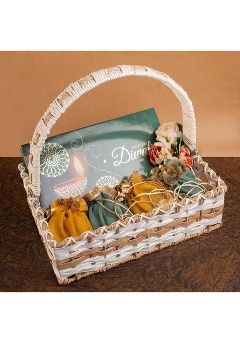 Ghasitaram Gifts Diwali Gift - Hamper Basket of Assorted dryfruit Sweets, mithai Pouches, dryfruit, and t Lights|Gift Hamper|Diwali Hamper|Food Hampers|Gourmet Hampers|