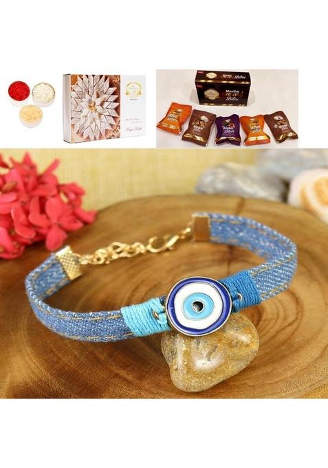 Ghasitaram Gifts Rakhi for Brother Rakhis Online - PRK25-005-Handmade Demin Band Evil Eye Bracelet Premium with Asorted bites box and 200 gms of Kaju katli
