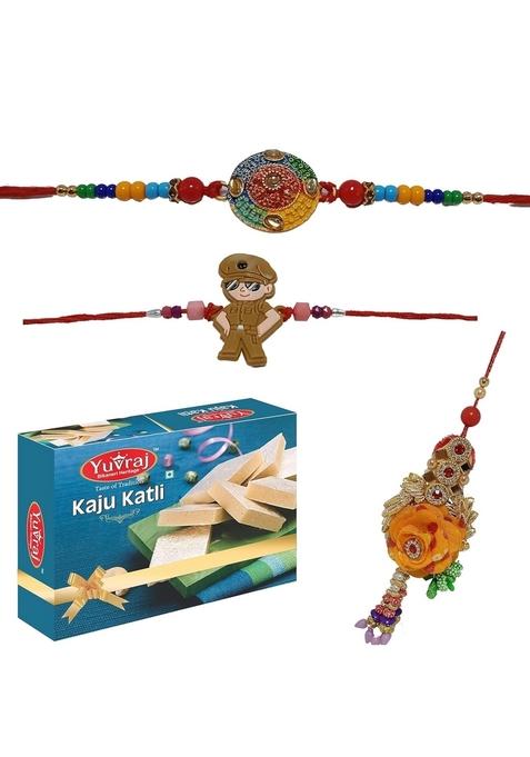 Yuvraj Rakhi for Brother bhabhi kids 1 ganesh desine stone & Rajasthani kangan with kaju katli (barfi) bikaneri sweets 400 gm box pack