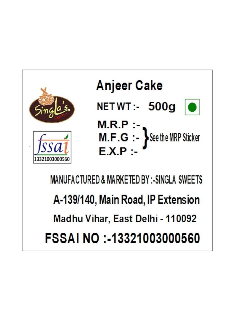 Singla Sweets Anjeer Cake 500g Indian mithai sweet barfi