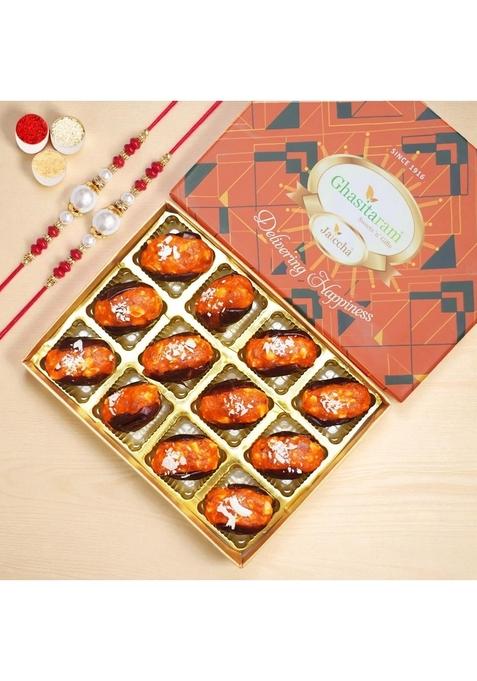 Ghasitaram Gifts Rakhi for Brother - Orange Stuffed Dates 12 pcs in premium box with 2 rakhis