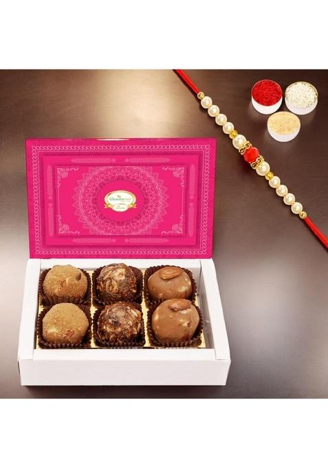 Ghasitaram Gifts Rakhi Gifts/ Sweets - Assorted laddoos Box 6 Pcs with Pearl Beads