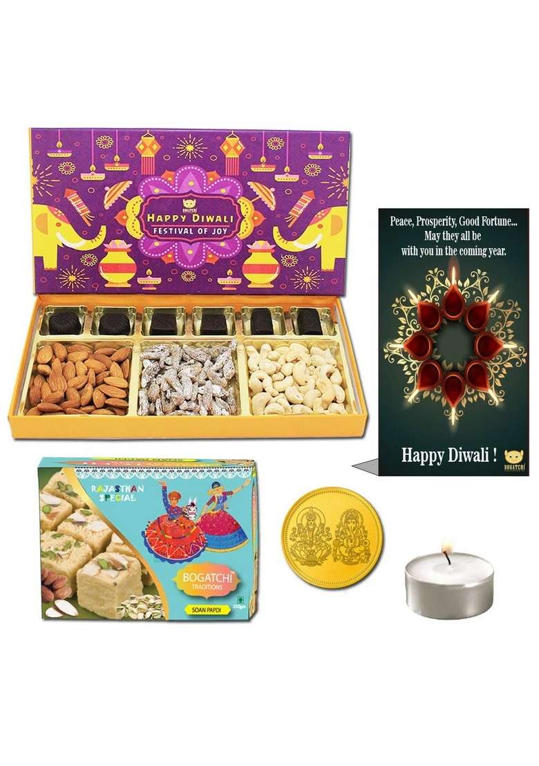 BOGATCHI Diwali Gift Box, Chocolate, Sweets and Dry Fruits Combo, 470g + Free Gold Plated Coin with Laxmi-Ganesh Yantra Engraved, Greetings Card - Indya