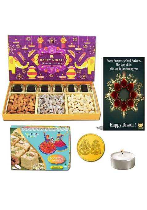 BOGATCHI Diwali Gift Box, Chocolate, Sweets and Dry Fruits Combo, 470g + Free Gold Plated Coin with Laxmi-Ganesh Yantra Engraved, Greetings Card